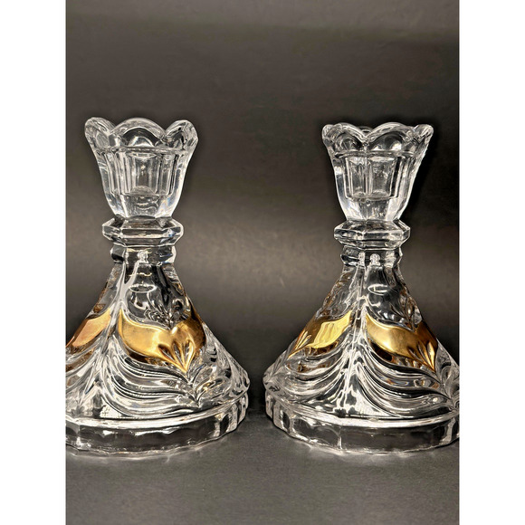 Vintage Set Lead Crystal CANDLE HOLDERS Gold Wing Design Anna Hutte Bleikristall - Picture 9 of 16